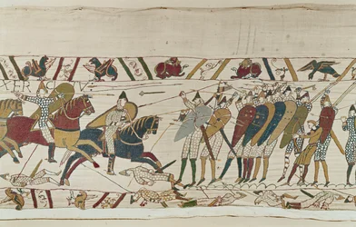 Die Schlacht beginnt, als die normannische Kavallerie die englische Schildmauer angreift, Bayeux-Tapete